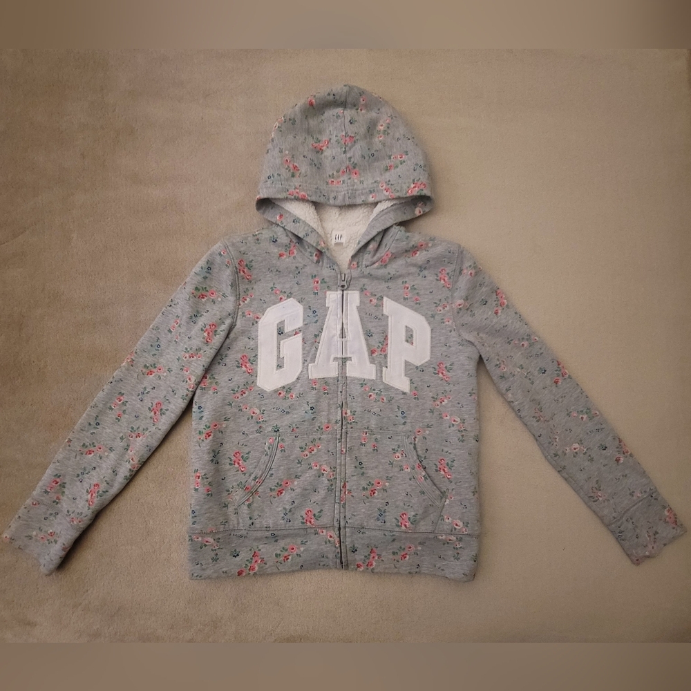 Gap Girl Floral Gray Sherpa Lined Hoodie Size XXL (14-16)
